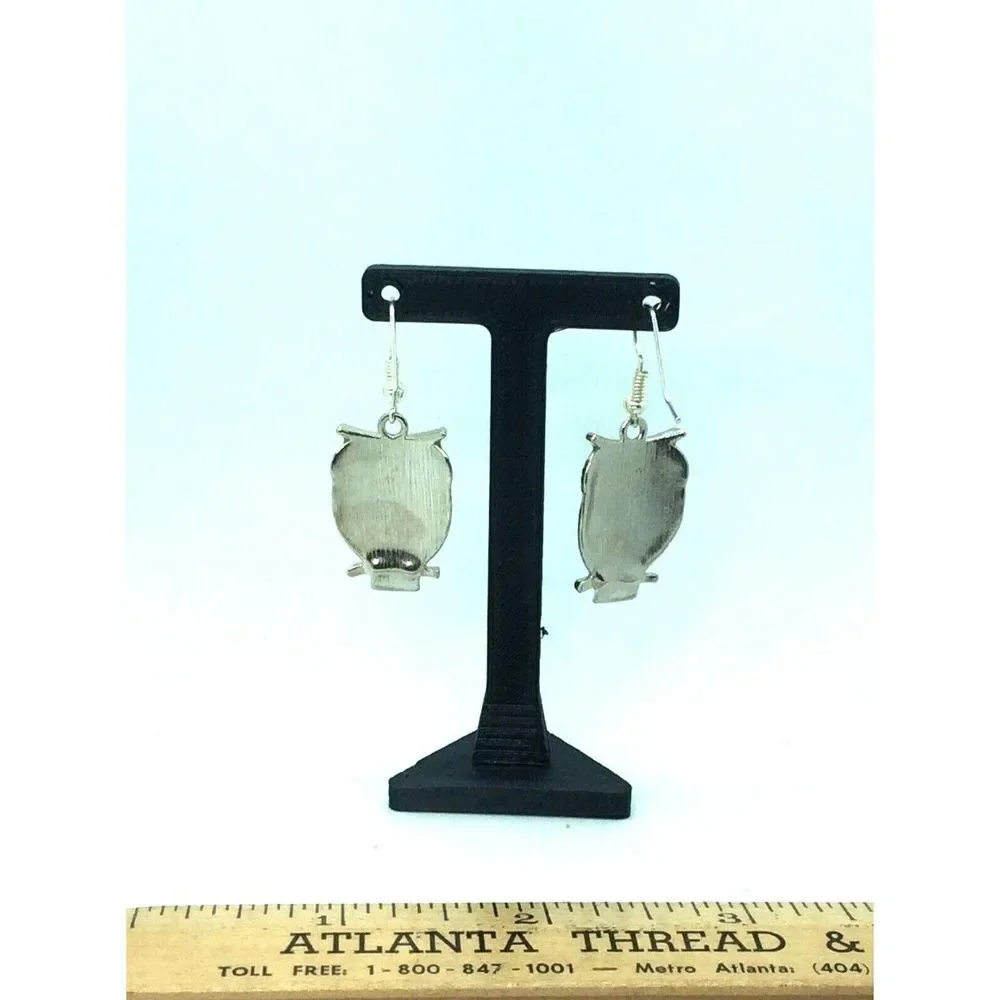 OWL Earrings Green Yellow Enamel Figural Silver tone‎ Wire Dangle